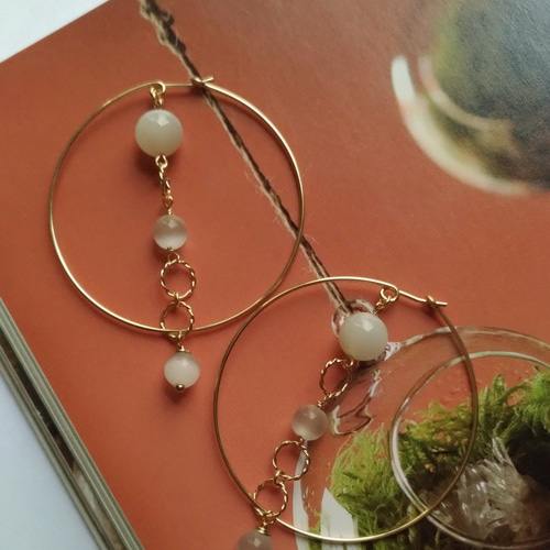 14KGFビッグフープイヤリング付きオパール14KGF大型フープピアス