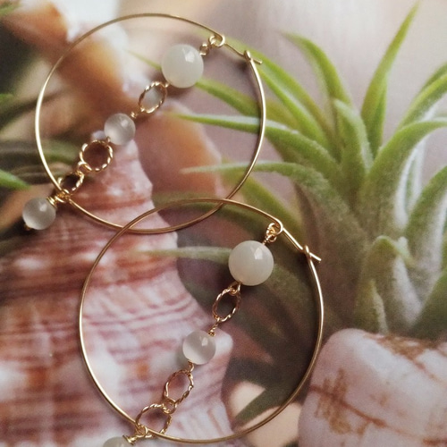 14KGFビッグフープイヤリング付きオパール14KGF大型フープピアス