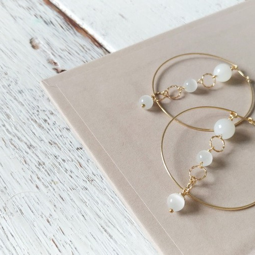 14KGFビッグフープイヤリング付きオパール14KGF大型フープピアス