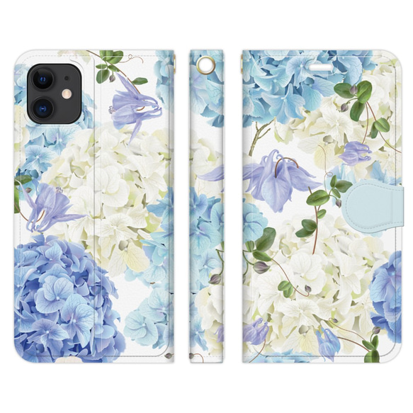 手帳型 スマホケース iPhone/アンドロイド 各種対応 ブルー フラワー 紫陽花 ボタニカル 1枚目の画像