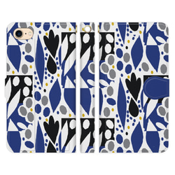 手帳型 スマホケース iPhone 各種対応 北欧テキスタイル 葉っぱモチーフ ブルー 1枚目の画像