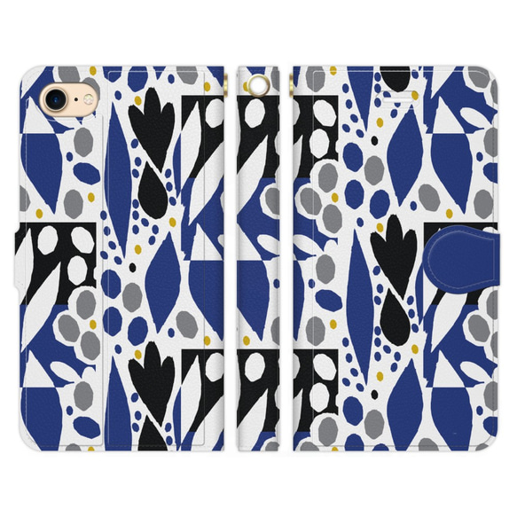 手帳型 スマホケース iPhone 各種対応 北欧テキスタイル 葉っぱモチーフ ブルー 1枚目の画像