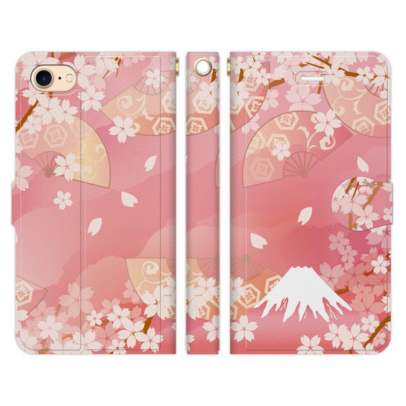 手帳型 スマホケース iPhone 各種対応 和柄　富士山　ピンク 1枚目の画像