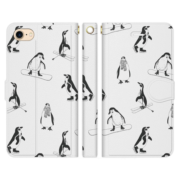 手帳型 スマホケース iPhone 各種対応 おしゃれ かわいい スノボー ペンギン モノトーン 1枚目の画像