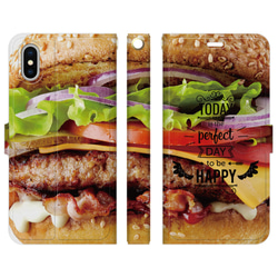 手帳型 スマホケース iPhone 各種対応  to be HAPPY ハンバーガー おもしろ かわいい 1枚目の画像
