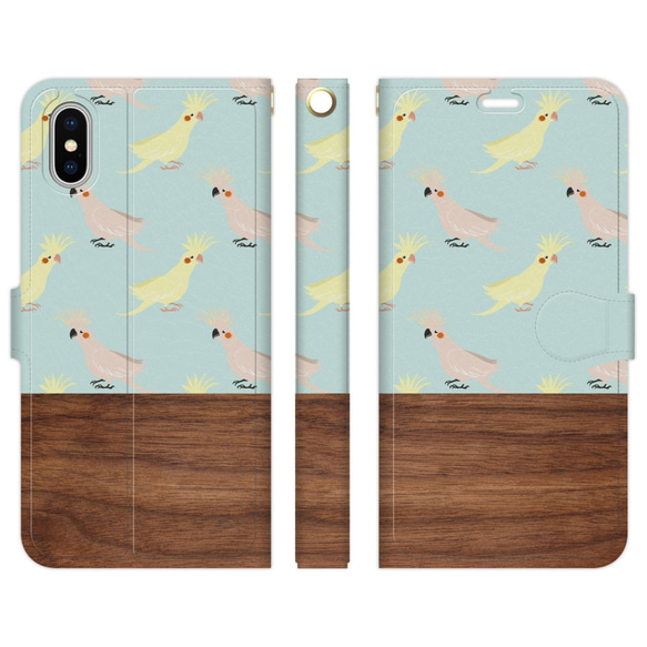 手帳型 スマホケース iPhone/アンドロイド 各種対応  イラスト パターン オカメインコ ×ウッド 1枚目の画像