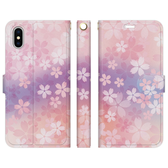 手帳型 スマホケース iPhone/アンドロイド 各種対応  和柄 桜 ピンク グラデーション 1枚目の画像