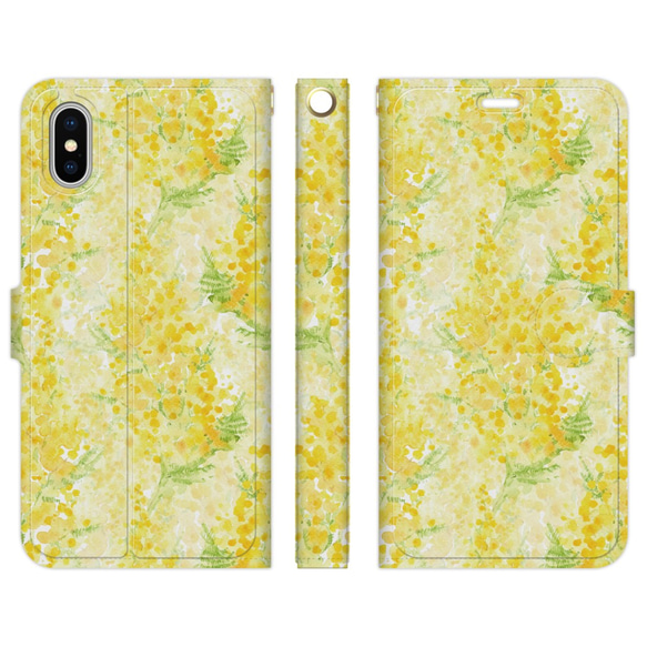 手帳型 スマホケース iPhone/アンドロイド 各種対応  花柄 ミモザ アカシア 1枚目の画像