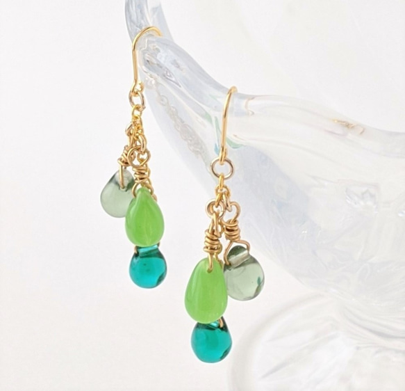 数量限定】3色ドロップのピアス（イヤリング可）-グリーン