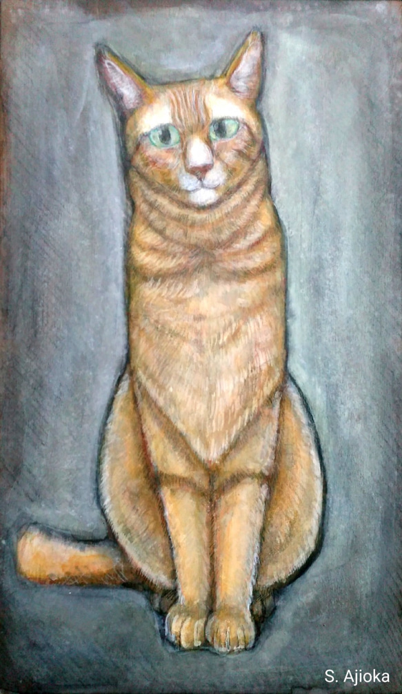 トラ猫、仕草。真作　アクリル、色鉛筆絵画 1枚目の画像