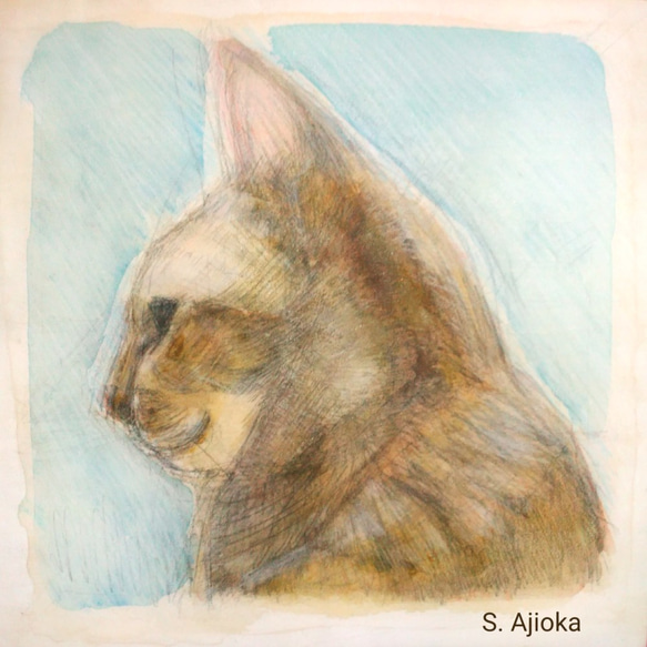 Profile of Tabby Cat 素描、横顔の虎猫　真作　アクリル、色鉛筆絵画　アート 1枚目の画像