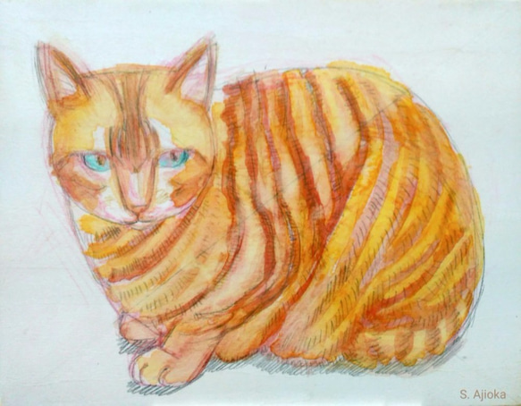 虎猫、イラスト 真作 アクリル、色鉛筆絵画 F0号板 絵画 S