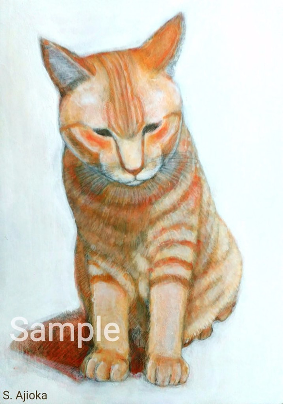 虎猫、庭にて　真作　アクリル、色鉛筆絵画　A5板 1枚目の画像