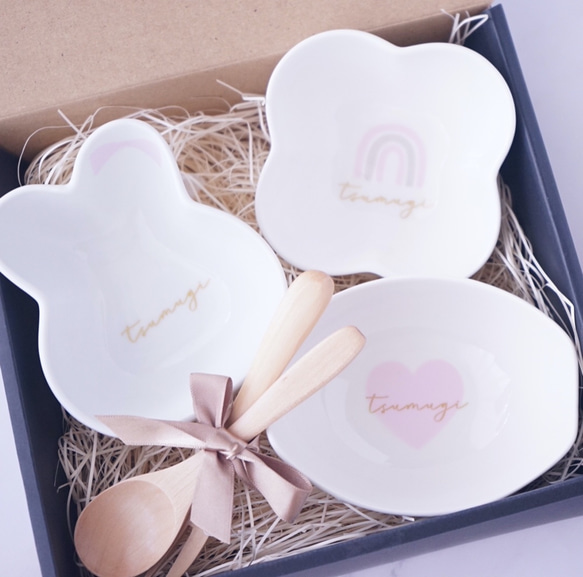 A022-P 新作 [名入れ食器] 離乳食小鉢3点セット ピンク うさぎ  