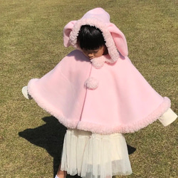 ふんわり軽いうさみみポンチョ ケープ 冬 ピンク 女の子 服 子供服 柚