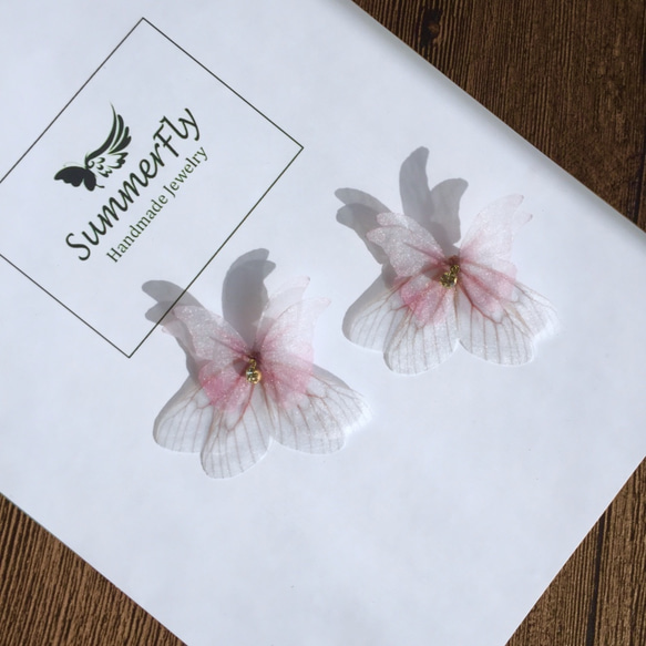 REMARKS！耳のクリップスタイルを変更することができます！シルクシフォンシルク透明エミュレーション蝶の羽ブラブライヤリングパ 6枚目の画像