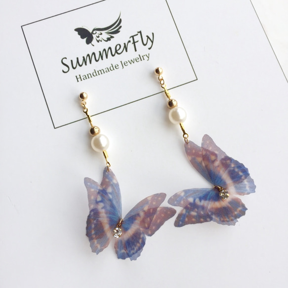 耳のクリップイヤリングを変更することができます！ ]シルクシフォンダークブルーのストライプの蝶のイヤリングの真鍮の蝶の美しい気質 10枚目の画像