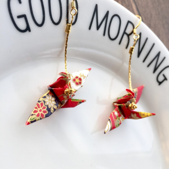【ear clip/ear hook】red Japanese Origami paper crane earrings 4枚目の画像