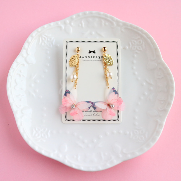 耳/耳のクリップタイプ。ピンクのかわいいロマンチックなエレガントな小さな新鮮なシルク糸の蝶のイヤリングラインストーンのイヤリング 4枚目の画像