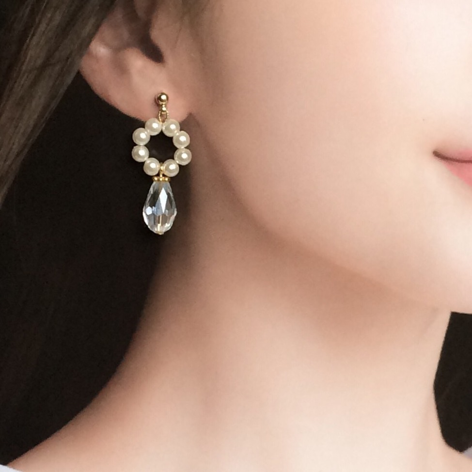 59 パール & オーロラしずくガラス ピアス&イヤリング Ω ピアス