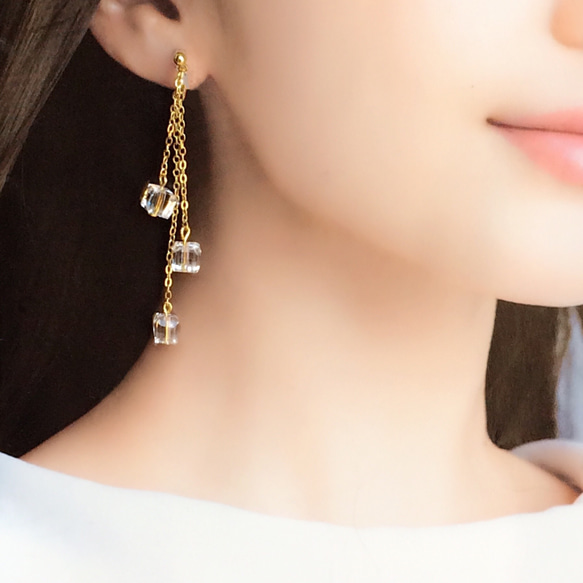 女子力UP！ Clear Icy Cube 18KGPNon-hole Pierces/Earrings 2枚目の画像