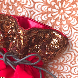 インド刺繡　　巾着バック　ポーチ　NO,16 レッド　インド　サリー　サリーボーダー　　刺繍　生地　布　素材　小物　　 2枚目の画像
