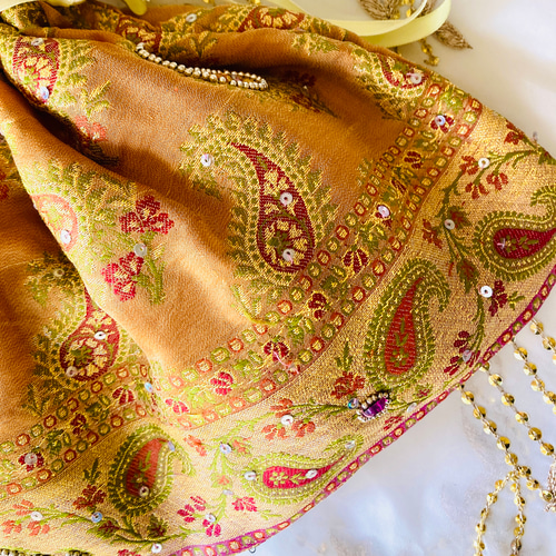インド刺繡 巾着バック 長方形ポーチ NO,2 ブラウン インド サリー