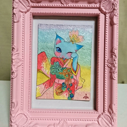 ミニ原画ＡＴＣ 「桜蝶・ねこ」きものねこ・きものうさぎ 1枚目の画像