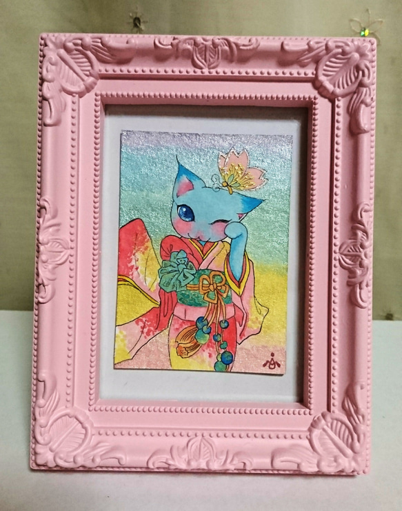 ミニ原画ＡＴＣ 「桜蝶・ねこ」きものねこ・きものうさぎ 1枚目の画像