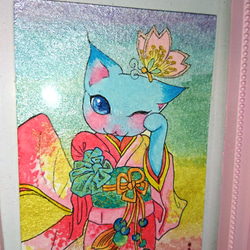 ミニ原画ＡＴＣ 「桜蝶・ねこ」きものねこ・きものうさぎ 2枚目の画像