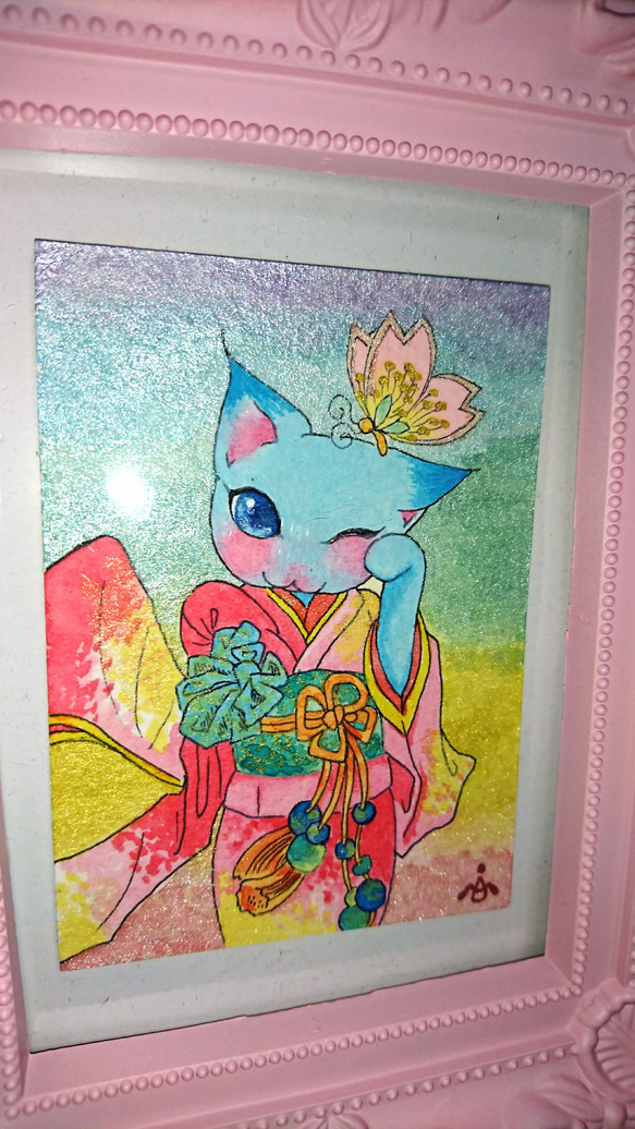 ミニ原画ＡＴＣ 「桜蝶・ねこ」きものねこ・きものうさぎ 2枚目の画像