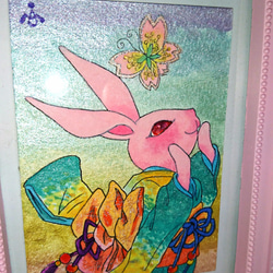 ミニ原画ＡＴＣ 「桜蝶・うさぎ」きものねこ・きものうさぎ 2枚目の画像