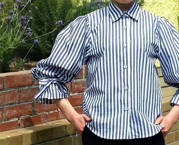 再販・リボン付きバルーン袖ストライプブラウス