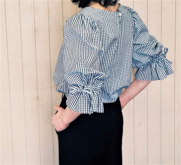 ⑥チェック柄パッチワーク/シャツマキシワンピ/バルーン袖リボン付 ⑥チェック柄パッチワーク/シャツマキシワンピ/バルーン袖リボン付