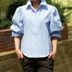 リボン付きバルーン袖ストライプブラウス　白×水色 5枚目の画像