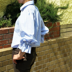 リボン付きバルーン袖ストライプブラウス　白×水色 6枚目の画像