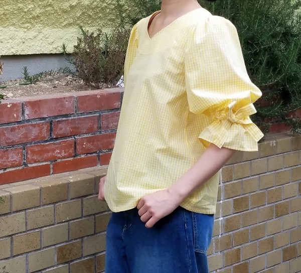 ハンドメイド フランネルギンガムチェックランダムリボン立ち襟