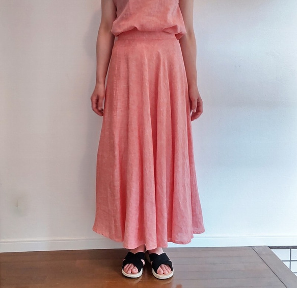 涼し気なリネンオレンジロングフレアースカート 1枚目の画像