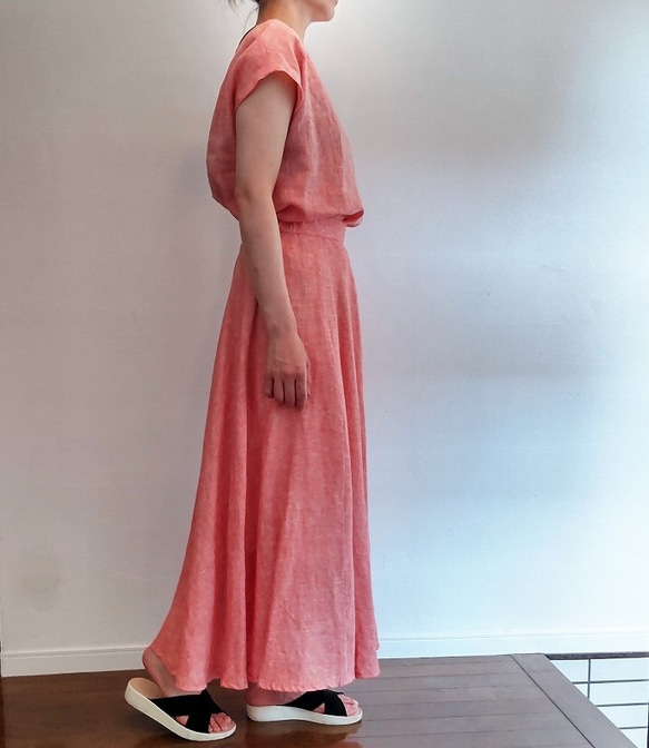涼し気なリネンオレンジロングフレアースカート 2枚目の画像