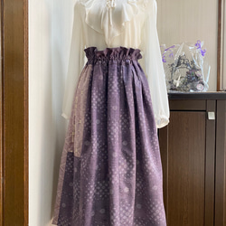 絹紬　２柄　渋紫幾何学ドット　ピンク麻の葉模様フレアスカート　着物裏白絹ペチコート付　85 1枚目の画像