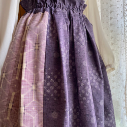 絹紬　２柄　渋紫幾何学ドット　ピンク麻の葉模様フレアスカート　着物裏白絹ペチコート付　85 5枚目の画像