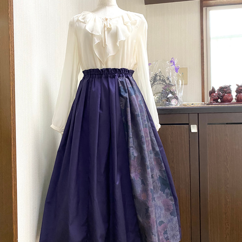葡萄色 フレアスカート 絹節紬 大島紬 紫 2柄 無地と花柄 着物リメイク