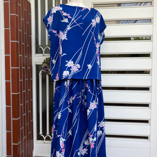 浴衣　リメイク　有松絞り　ワンピース  ハンドメイド　ロング　白　青　爽やか 浴衣リメイク有松絞りワンピース ハンドメイドロング白青爽やか