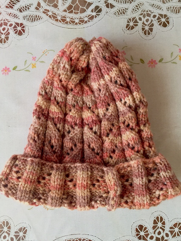 秋色の透かし編み帽子(受注制作) 1枚目の画像