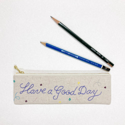 《送料無料》細型ペンケース【have a good day】　刺し子・綿麻・コットン 1枚目の画像