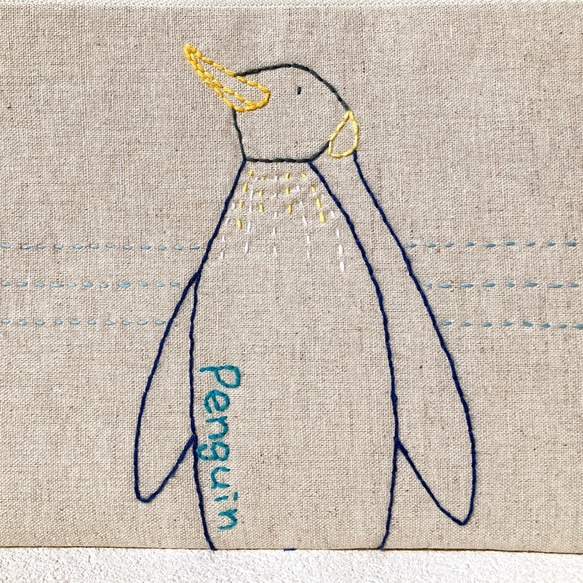 《送料無料》受注製作◆深型ポーチ【ペンギン】　刺し子・綿麻・コットン 5枚目の画像