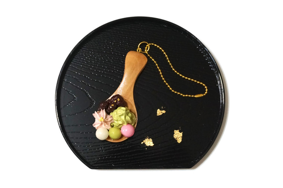 ミニ日本のデザート木のスプーンキーホルダー|シミュレーション食品粘土手作りアクセサリー注文生産 1枚目の画像