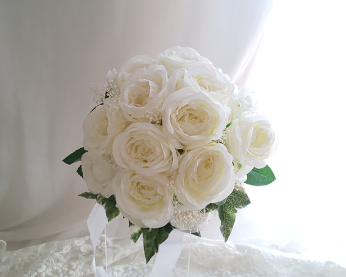 ホワイト 結婚式 ブーケ・ブートニア ウェディングブーケとブートニアのセット♡ブライダルブーケ
