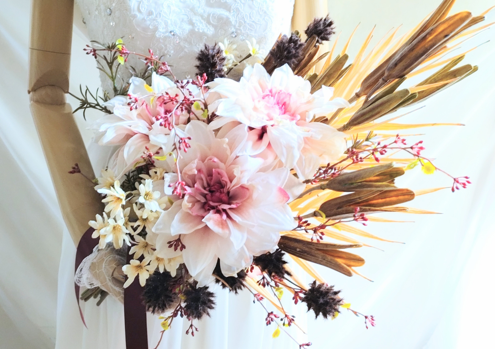 凛と咲き誇る花々、１点物和、洋装ウエディングブーケ、ブートニア込み