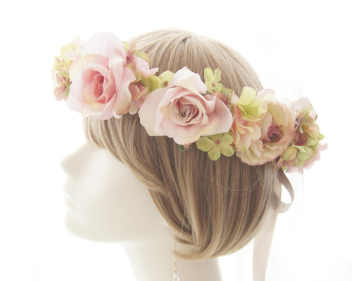 アンティーク ワックスフラワー＆布花冠ティアラ 薔薇ブーケ ブライダル３点セット マリアージュ ワックスフラワーティアラ - 薔薇と天使のアンティーク